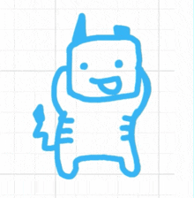 a blue drawing of a cat with horns and a tail sticking out its tongue