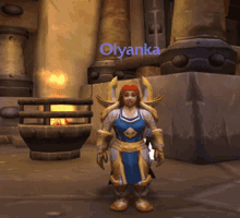 a video game character named olyanka is standing in front of a fireplace
