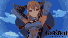 a genshin impact character stands in front of a blue background