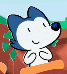 a cartoon drawing of a dog with blue eyes and a blue nose