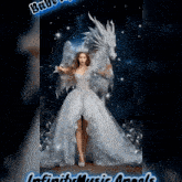 a woman in a white dress with a dragon behind her and the words infinity music angels below her