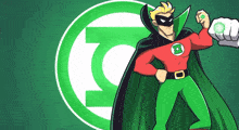 a green lantern holding a green ring in front of a green logo