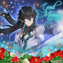 a picture of a anime character with the words good morning