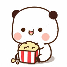 a cartoon panda is eating popcorn from a striped bucket .