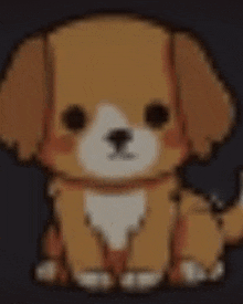a brown and white cartoon dog is sitting down with its tail hanging out .