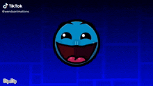 a cartoon of a blue face with a white band around its mouth .