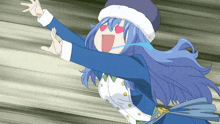 a blue haired anime character with hearts in her eyes is flying through the air