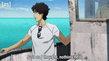 a man is standing on a balcony with the words just as i thought nothing here below him
