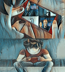 a painting of a person looking at a podcast
