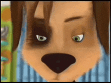 a close up of the face of a cartoon dog with green eyes
