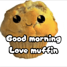 a picture of a muffin with a face and the words good morning love muffin