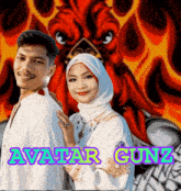 a man and a woman standing next to each other with the words avatar gonz on the bottom right