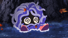 a cartoon character with purple hair and a black face