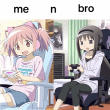 a girl in a strawberry puffs shirt sits next to a girl in a gaming chair
