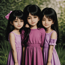 three little girls in purple dresses pose for a photo