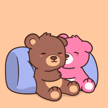 a brown teddy bear and a pink teddy bear hugging with hearts above them
