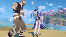 a video game character with a sword is fighting another character with a sword