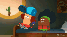 two cartoon characters sitting on a bed with a netflix logo on the bottom