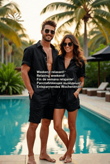 a man and a woman standing next to a swimming pool with the words weekend relaxant written above them