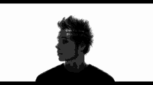a black and white photo of a young man with the words cos i 'm fine on his forehead