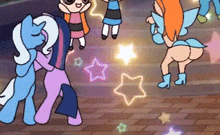 a group of ponies are dancing together in a cartoon .