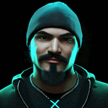 a man with a beard wearing a beanie and a chain around his neck with the letter x on it