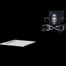 a 3d rendering of a cartoon character in a wheelchair with a piece of paper in front of it .
