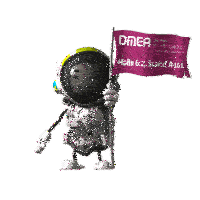 a robot is holding a flag that says dmea