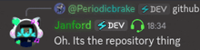 a screenshot of a chat with periodicbrake dev and janford