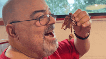 a bald man with glasses and a beard is holding a piece of meat in his hand