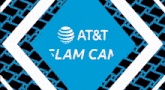 a logo for at & t slam can with a blue background