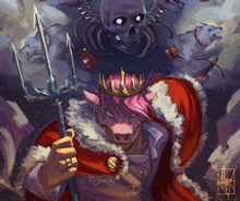 a painting of a pig wearing a crown and a trident