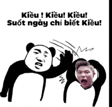 a panda bear is giving a high five to a man in a meme .