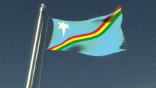 a blue flag with red yellow and green stripes and a white star in the center
