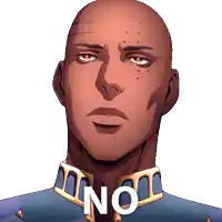 a bald man with a gold collar has the word no on his chest