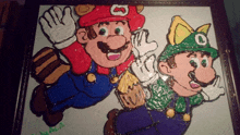 a drawing of mario luigi and a cat with the letter o on their hat