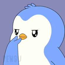 a blue and white penguin with a yellow beak and a hand on its chin