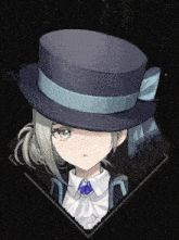 a person wearing a top hat with a blue ribbon
