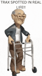 a cartoon of an elderly man using a walker with a caption that says trax spotted in real life