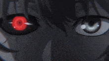 a close up of a person 's eyes with a red circle in the middle