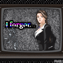 a woman is standing in front of a tv screen that says i forgot