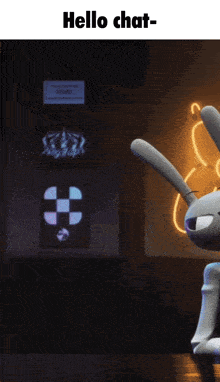 a cartoon rabbit is sitting in front of a neon sign that says " hello chat "
