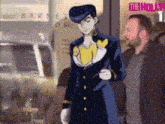 a man in a suit is standing in front of a building with a cartoon character .