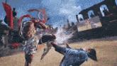 a man is kicking another man in the face