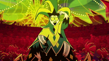 a cartoon of a jester in front of a crowd of people