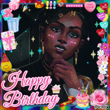 a picture of a woman with a birthday cake and the words happy birthday on it