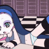 a cartoon drawing of a girl laying on the floor with a checkered floor in the background