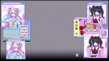 a screenshot of a video game with a girl with pigtails and a purple background