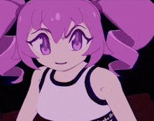 a girl with purple hair is wearing a white tank top that says right
