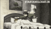 a cartoon of a man standing over a bed with the words starttamilchat.in above it